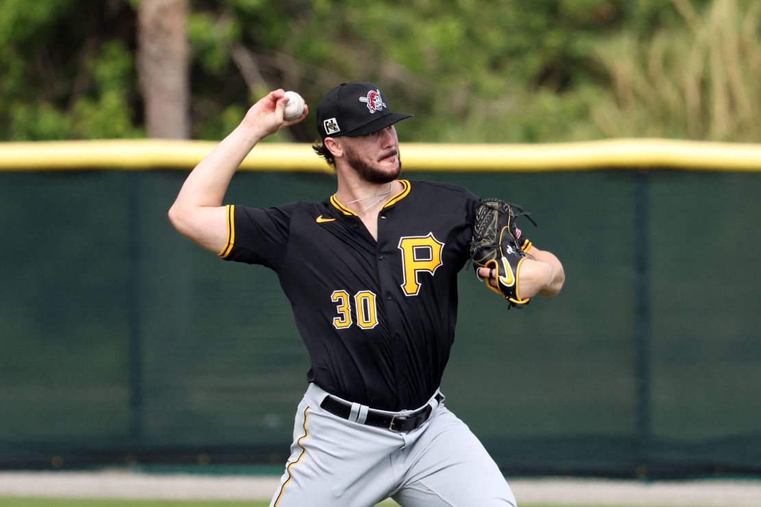 Feb 12, 2025; Bradenton, FL, USA; Pittsburgh Pirates pitcher Paul Skenes (30) throws the ball during spring training workouts at Pirate City. Mandatory Credit: Kim Klement Neitzel-Imagn Images