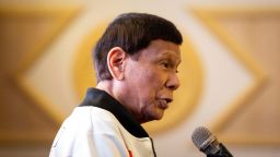 Former Philippine president Rodrigo Duterte delivers a message during the proclamation rally for his political party PDP-Laban's senatorial candidates ahead of the midterm elections at Club Filipino in Manila, Philippines on February 13, 2025.