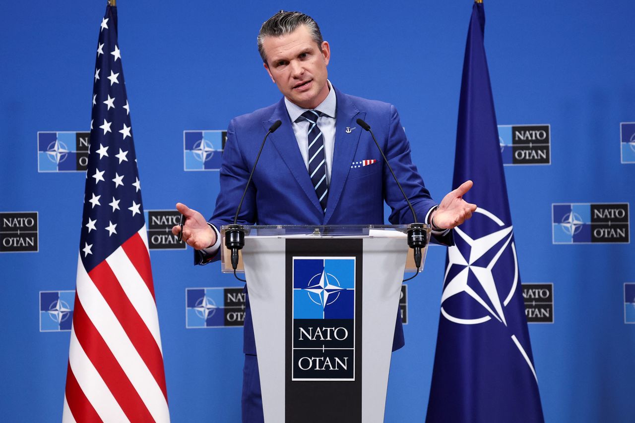 U.S. Defense Secretary Pete Hegseth holds a press conference during a NATO Defence Ministers meeting at the Alliance's headquarters in Brussels, Belgium, on Thursday.