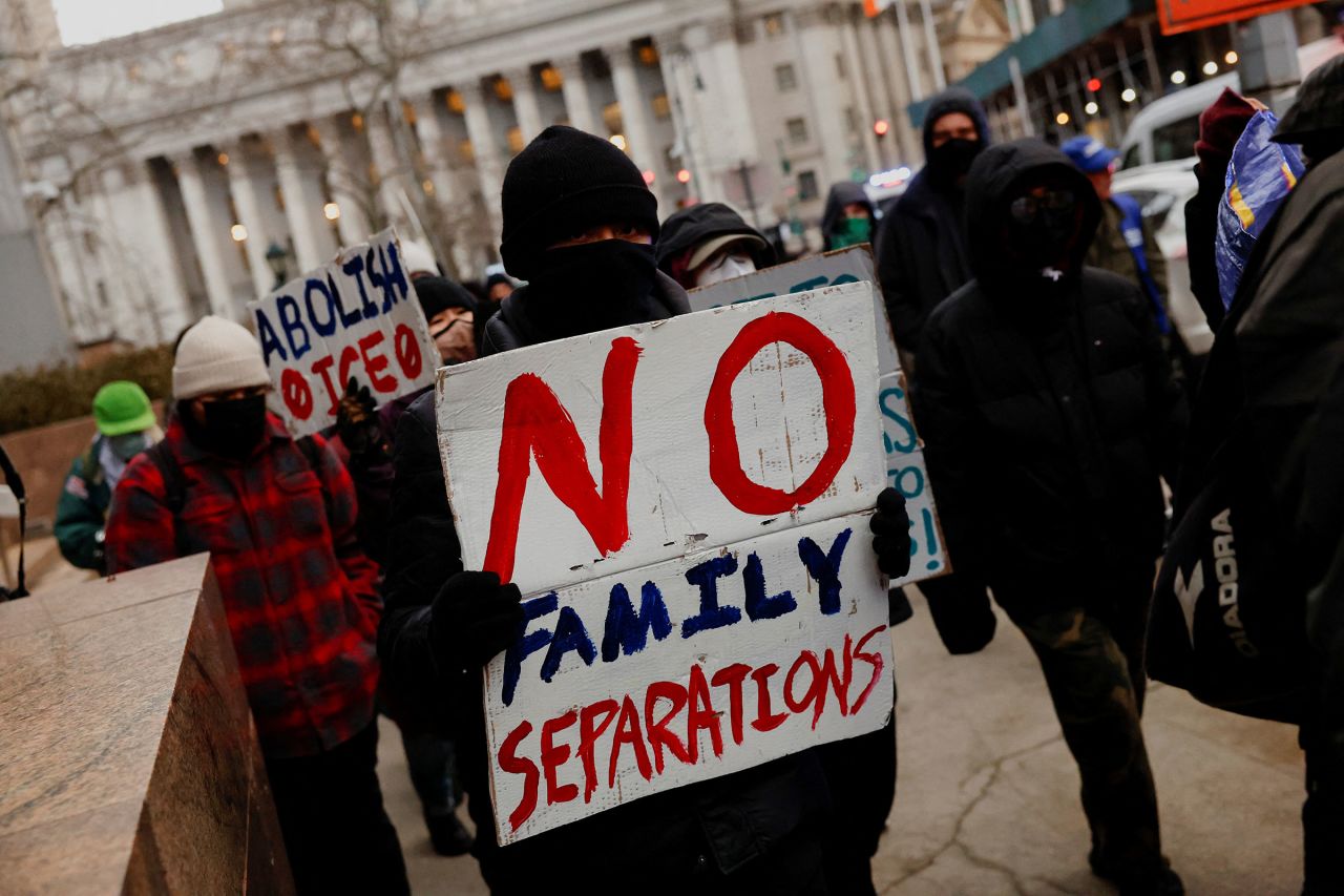 Demonstrators protest against Immigration and Customs Enforcement and deportations carried out by President Donald Trump's administration, in New York, on Thursday.
