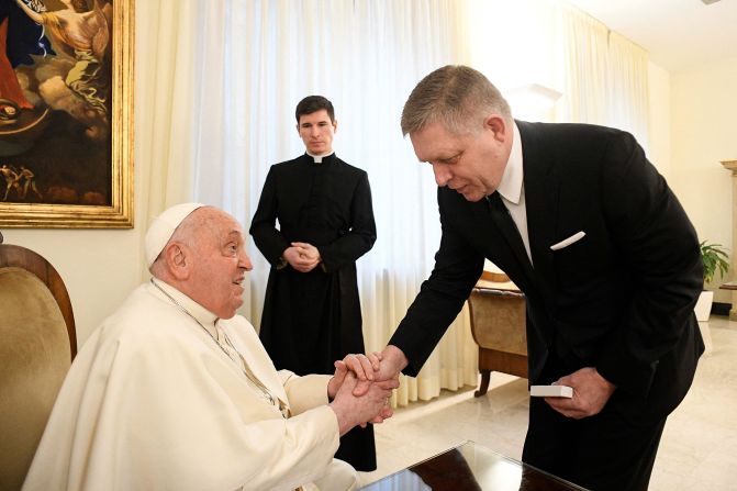 Slovakian Prime Minister Robert Fico meets with Pope Francis at the Vatican in February 2025. Later that day, <a href="index.php?page=&url=https%3A%2F%2Fwww.cnn.com%2F2025%2F02%2F14%2Feurope%2Fpope-francis-hospital-bronchitis-intl%2Findex.html">the Pope was being treated in a hospital in Rome</a> for bronchitis and to have medical examinations, the Vatican said.