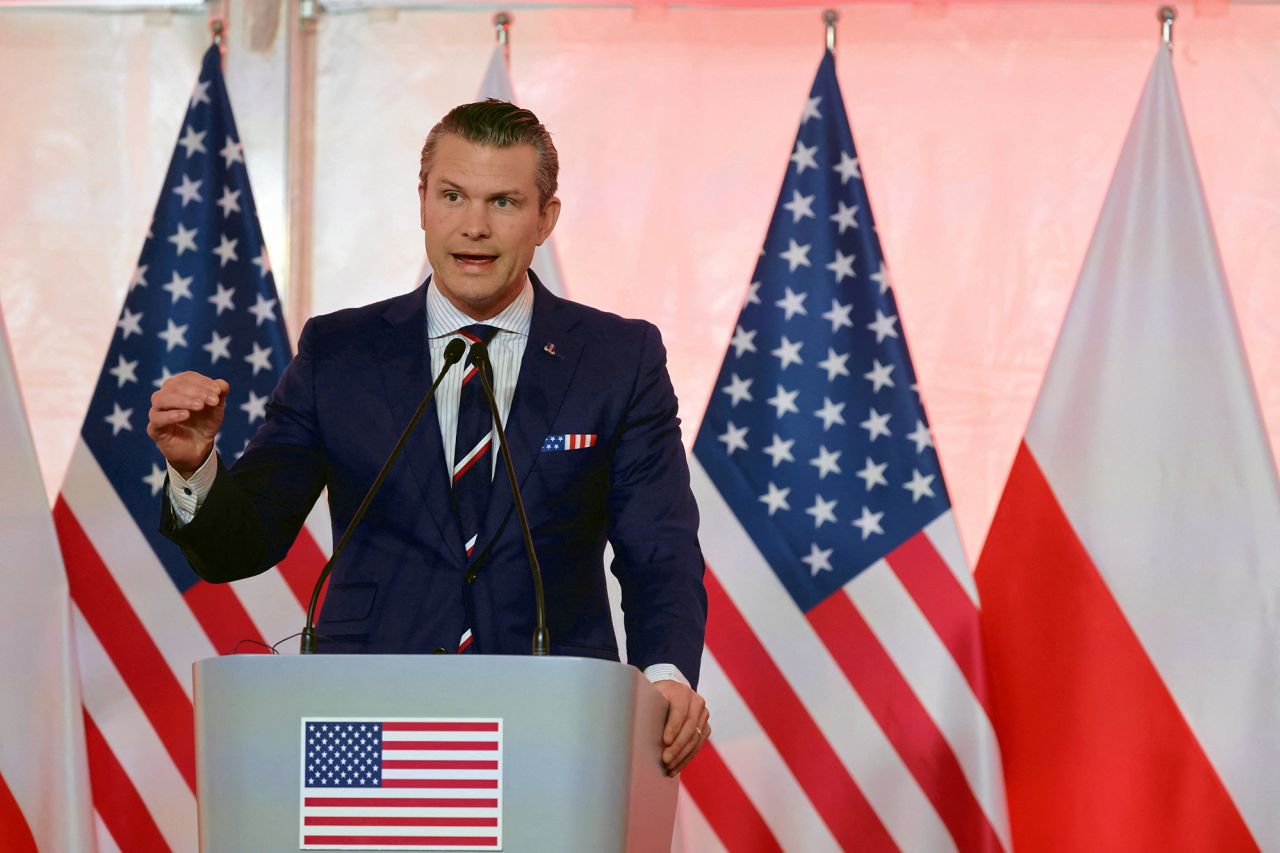 US Defense Secretary Pete Hegseth speaks during a press conference in Warsaw, Poland on February 14.