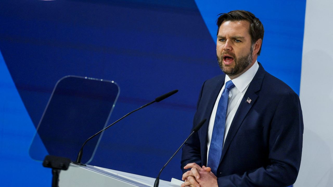 U.S. Vice President JD Vance gives a speech at the Munich Security Conference (MSC) in Munich, Germany February 14, 2025. REUTERS/Leah Millis