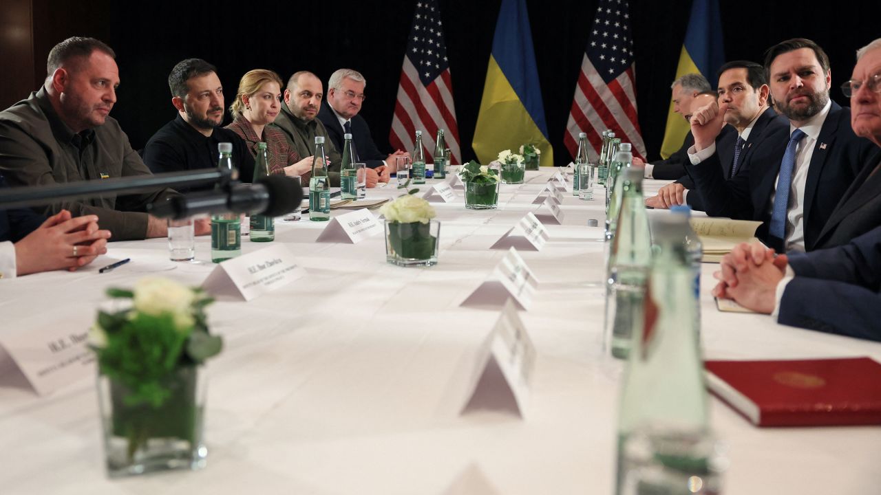 US Vice President JD Vance, Secretary of State Marco Rubio, Ukrainian President Volodymyr Zelenskiy, Deputy Prime Minister Olha Stefanishyna and Defense Minister Rustem Umerov attend a bilateral meeting, on the sidelines of the Munich Security Conference (MSC), in Munich, Germany, on Friday.