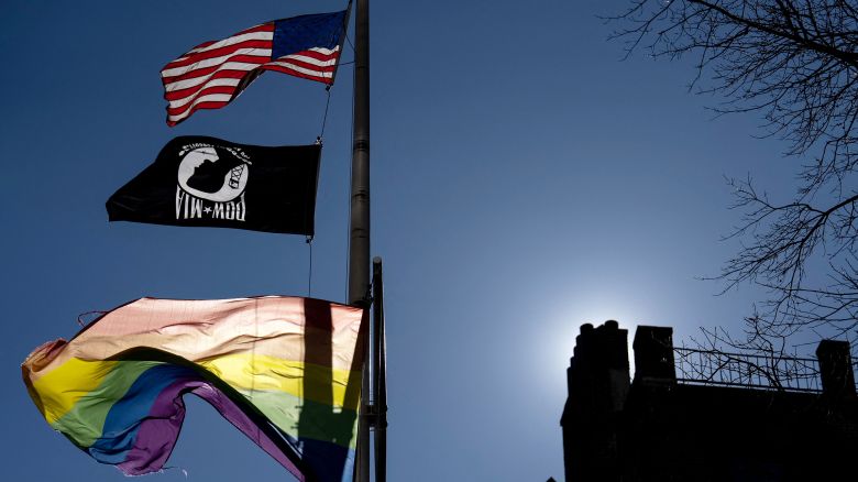 A Pride flag flies alongside the American and POW/MIA flags over the Stonewall National Monument in New York, on February 14, 2025.