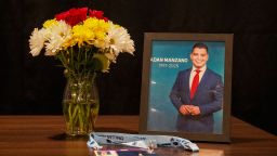 Feb 14, 2025; Kansas City, Kansas, USA; A general view of a memorial display for Adan Manzano, a local reporter who was found dead in New Orleans while covering Super Bowl LIX during the Sporting Kansas City Media Day at Children's Mercy Park. Mandatory Credit: Denny Medley-Imagn Images