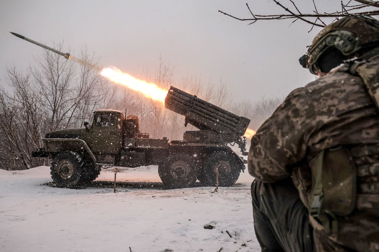 Servicemen of the 24th Mechanized brigade fire a BM-21 Grad multiple-launch rocket system toward Russian troops near the town of Chasiv Yar in Donetsk region, Ukraine, on Saturday.