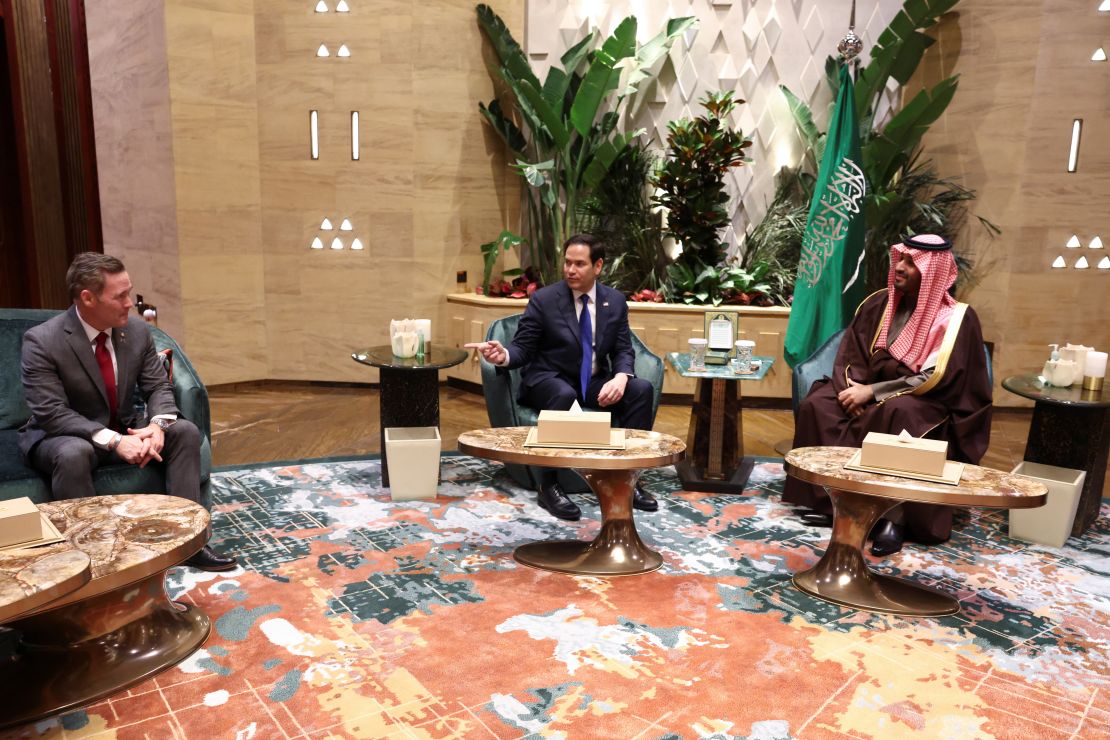 US Secretary of State Marco Rubio gestures towards US National Security Adviser Mike Waltz as he meets with Saudi Arabia's Crown Prince Mohammed bin Salman in Riyadh on Monday.