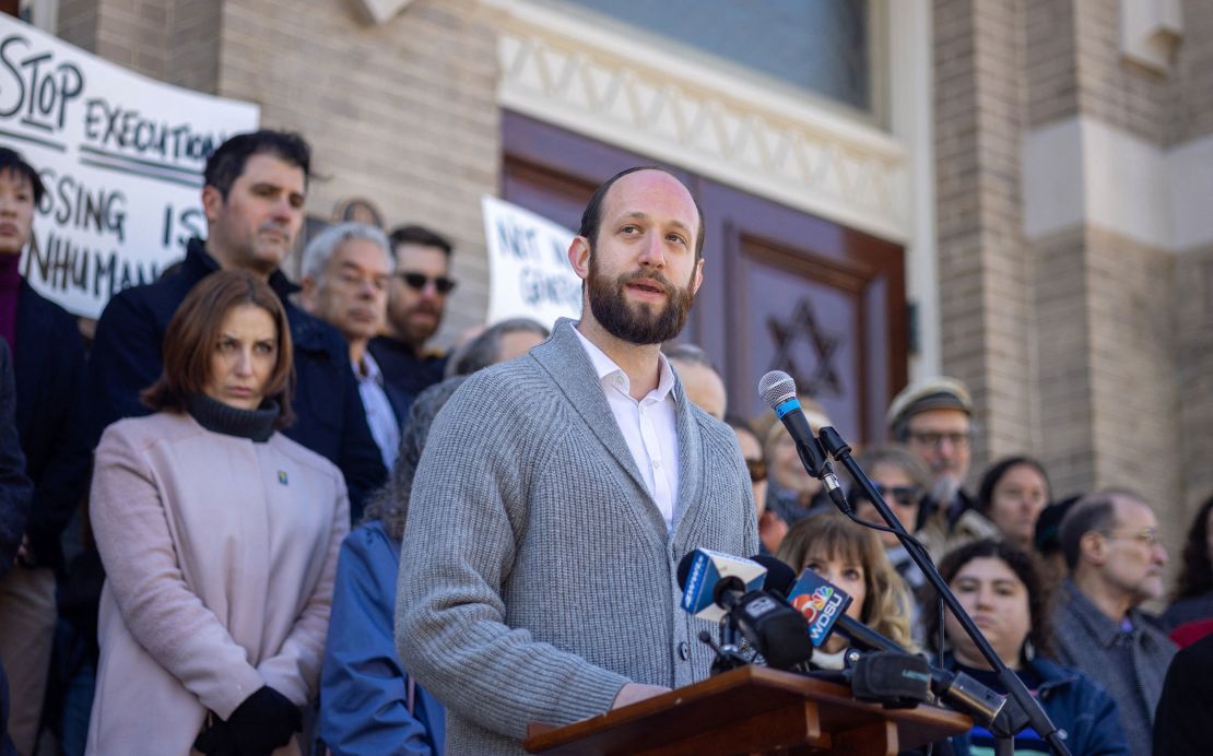 Rabbi Phil Kaplan of Congregation Beth Israel in Metairie, Louisiana, speaks during a prayer vigil and news conference held by the Jews Against Gassing Coalition in front of Touro Synagogue in New Orleans.