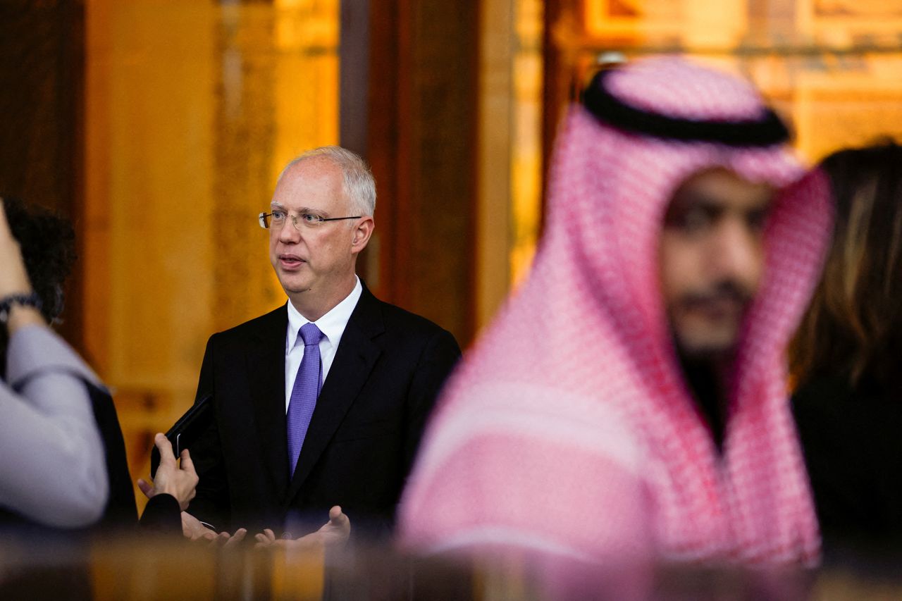 The head of Russia's sovereign wealth fund Kirill Dmitriev speaks to the media in Riyadh, Saudi Arabia, on Tuesday.