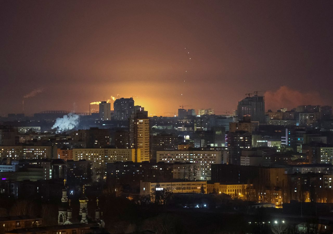 A Russian drone strike in Kyiv, Ukraine, on late Monday night.