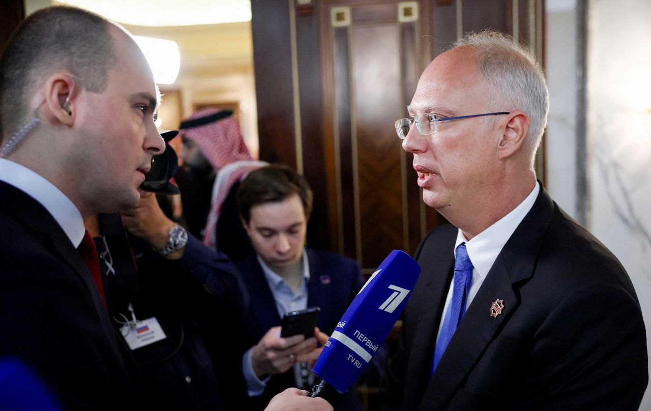 The head of Russia's sovereign wealth fund Kirill Dmitriev speaks to a member of the media on the sidelines of the U.S.-Russia meeting at Diriyah Palace, in Riyadh, Saudi Arabia, on Tuesday.