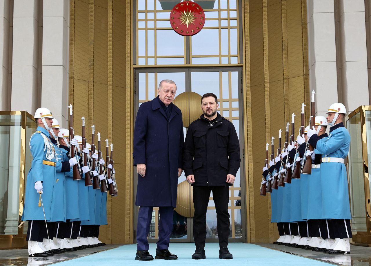 Turkey's President Tayyip Erdogan, left, welcomes Ukrainian President Volodymyr Zelensky in Ankara, Turkey, on Tuesday.