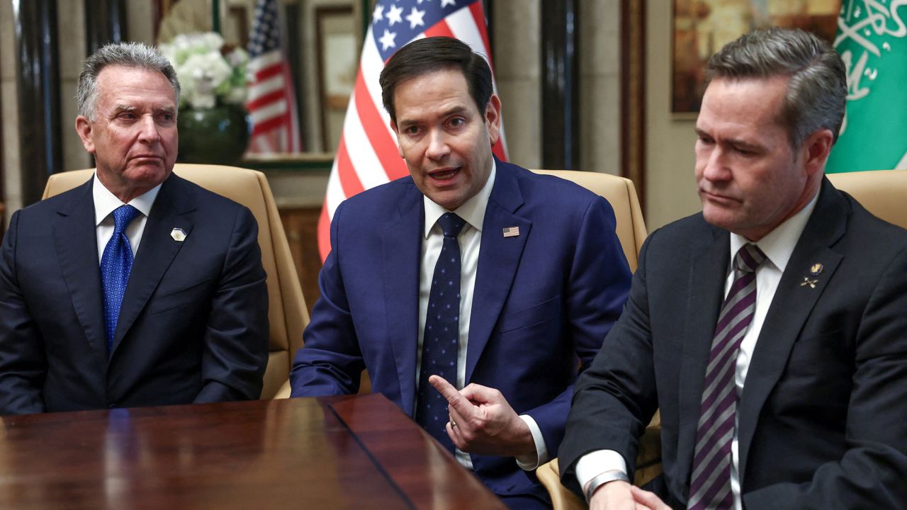 U.S. Secretary of State Marco Rubio, U.S. National Security Advisor Mike Waltz and U.S. Middle East envoy Steve Witkoff attend an interview at Diriyah Palace, in Riyadh, Saudi Arabia on February 18.