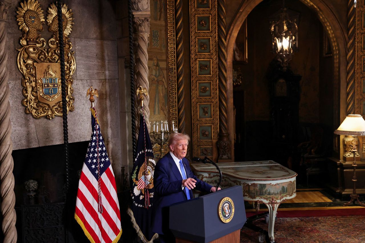 President Donald Trump speaks at Mar-a-Lago in Palm Beach, Florida, on Tuesday.