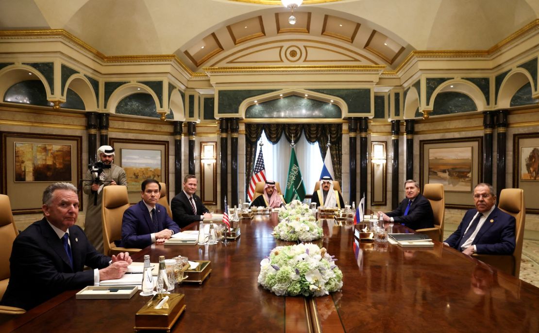 US Secretary of State Marco Rubio meets with Saudi Foreign Minister Prince Faisal bin Farhan Al Saud, Saudi national security adviser Mosaad bin Mohammad Al-Aiban, US national security adviser Mike Waltz, US Middle East envoy Steve Witkoff, Russian Foreign Minister Sergei Lavrov and Russian President Vladimir Putin's foreign policy adviser Yuri Ushakov at Diriyah Palace in Riyadh, Saudi Arabia, on February 18, 2025.