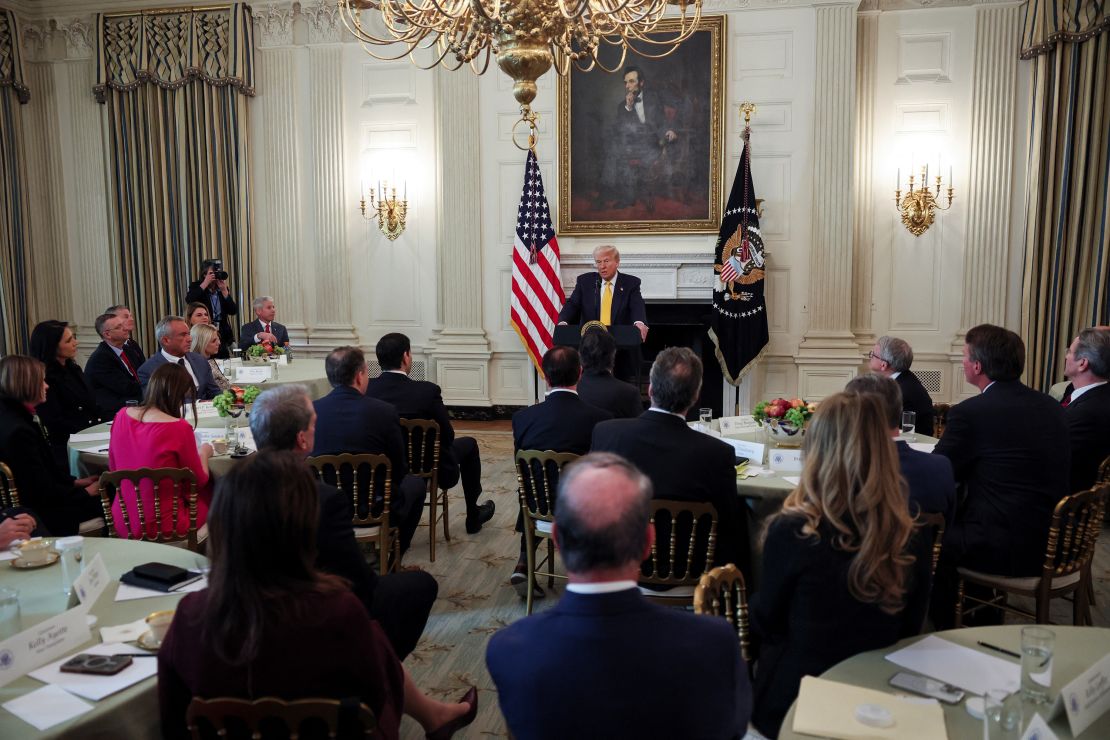 President Donald Trump hosts a business session with governors who are in town for the National Governors Association's annual winter meeting, at the White House on February 21, 2025.