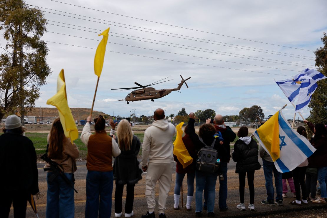 A helicopter transports hostages who were released from captivity in Gaza in Reim, Israel, on Saturday.