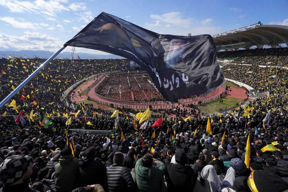 Mourners gather on the day of a public funeral ceremony for late Hezbollah leaders Hassan Nasrallah and Hashem Safieddine, who were killed in Israeli airstrikes last year, in Beirut on February 23.