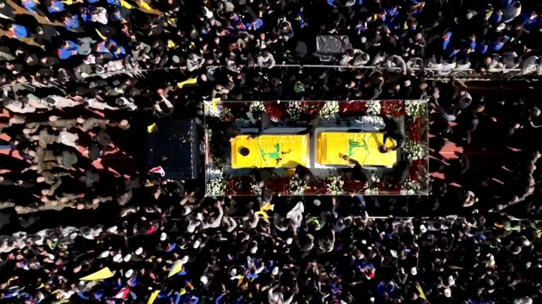 A vehicle carries the coffins of former Hezbollah leaders Hassan Nasrallah and Hashem Safieddine during a funeral ceremony in Camille Chamoun Sports City Stadium, on the outskirts of Beirut, Lebanon February 23, 2025, in this screengrab taken from video. REUTERS/REUTERS TV TPX IMAGES OF THE DAY