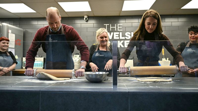 Prince and Princess of Wales put their baking skills to the test during visit to flood-hit community