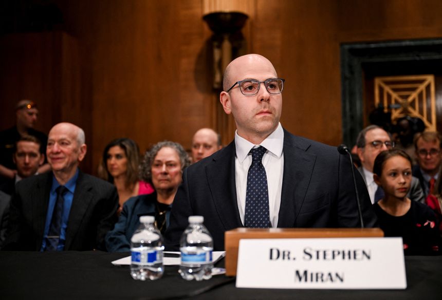 Stephen Miran, President Trump's chairman of the Council of Economic Advisers, testifies during on Capitol Hill on February 27.