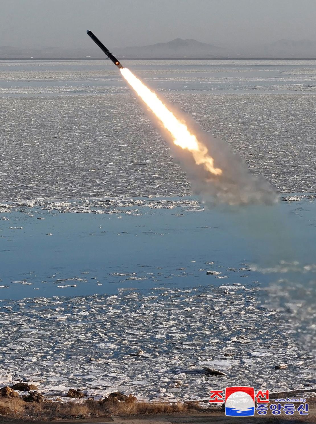 A missile flies during what North Korean state media described as a test-launch of a strategic cruise missile, designed to demonstrate the readiness of various nuclear capabilities, off the west coast of the Korean peninsula, on February 26, 2025, in this photo released by North Korea's official Korean Central News Agency.