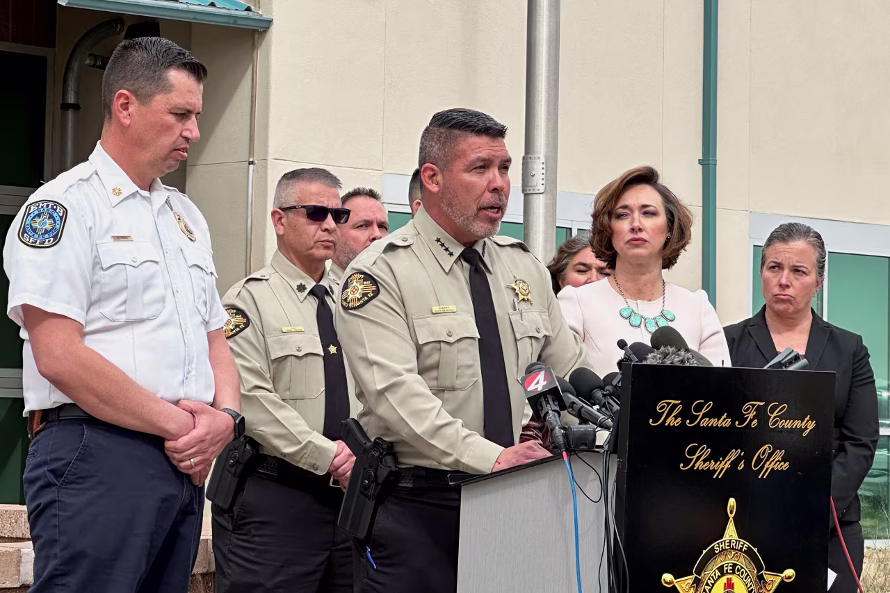 Santa Fe County Sheriff Adan Mendoza speaks during a press conference in Santa Fe, New Mexico, on Friday.