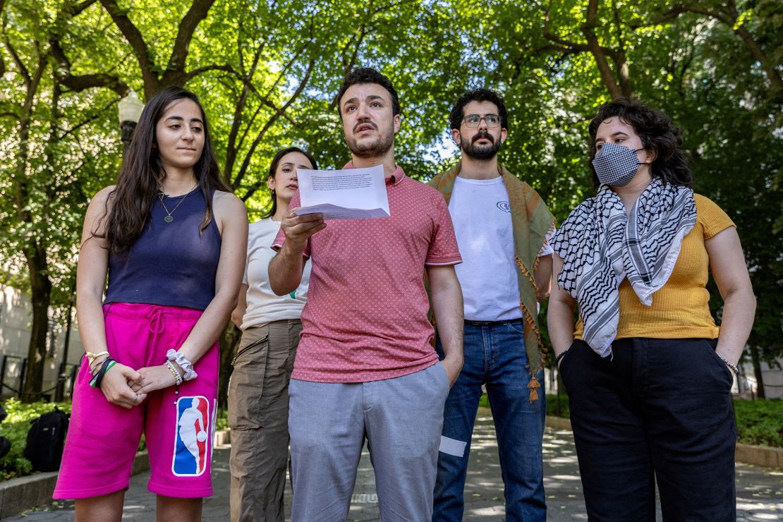 Mahmoud Khalil speaks to members of media about the Revolt for Rafah encampment at Columbia University in New York City on June 1, 2024.