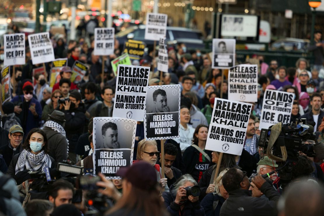 Demonstrators hold placards during a protest following the arrest by US immigration agents of Palestinian student protester Mahmoud Khalil at Columbia University, at Foley Square in New York City, U.S., March 10, 2025.