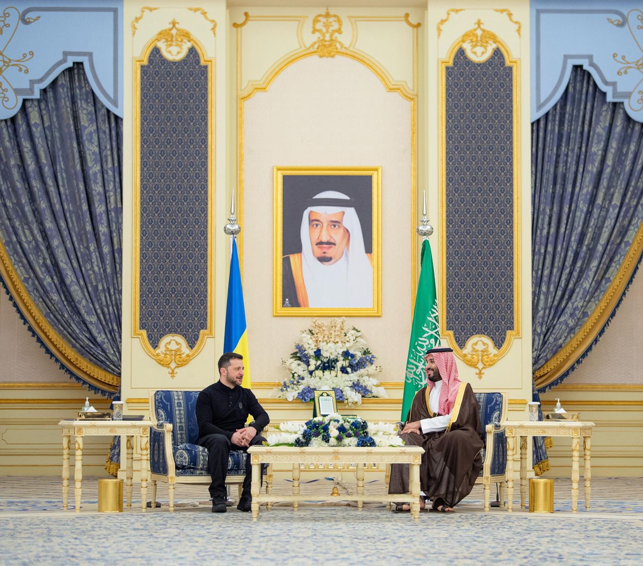 Ukrainian President Volodymyr Zelensky meets Saudi Crown Prince, Mohammed bin Salman, during his visit to Jeddah, Saudi Arabia, on Monday.