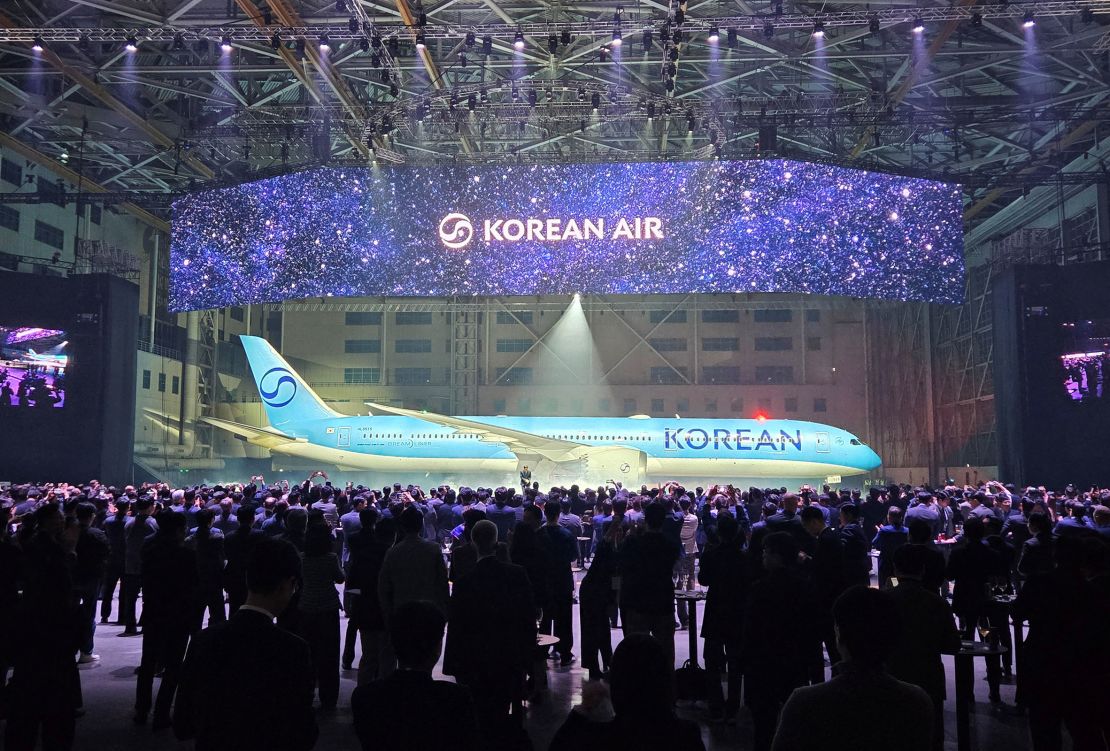 The new logo of Korean Air is seen on its plane during an event in Gimpo, South Korea, on March 11.
