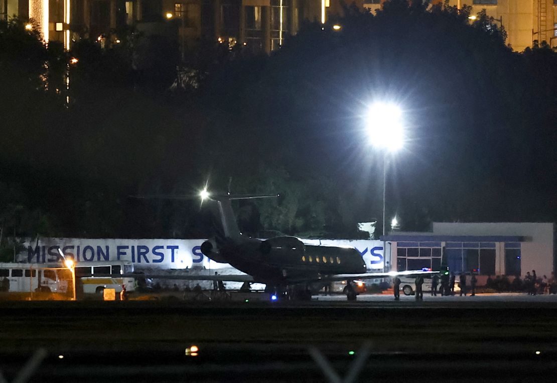 A chartered plane carrying former Philippine President Rodrigo Duterte is seen at the Villamor Airbase on Tuesday night.