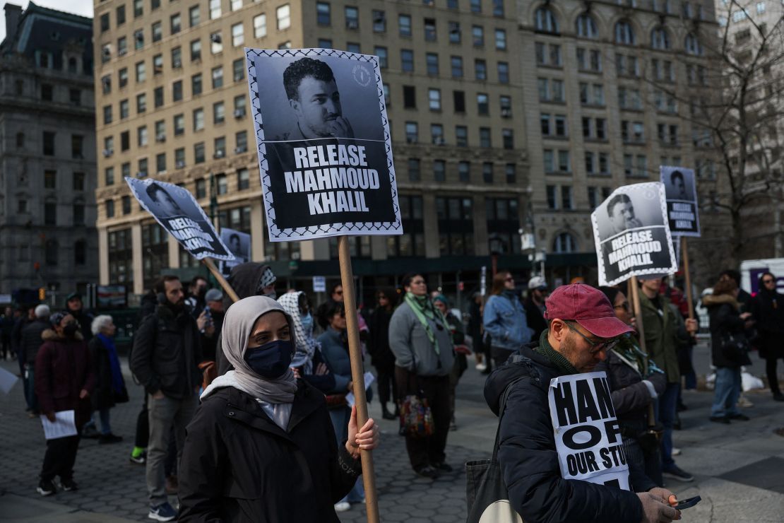 Protesters gathered ahead of Mahmoud's hearing in New York Wednesday.