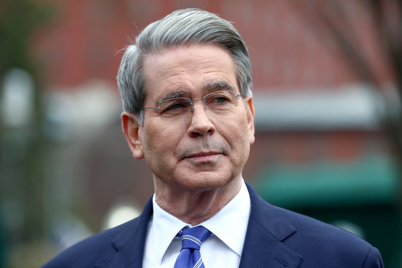 Treasury Secretary Scott Bessent speaks to reporters outside the White House in Washington, on Thursday.