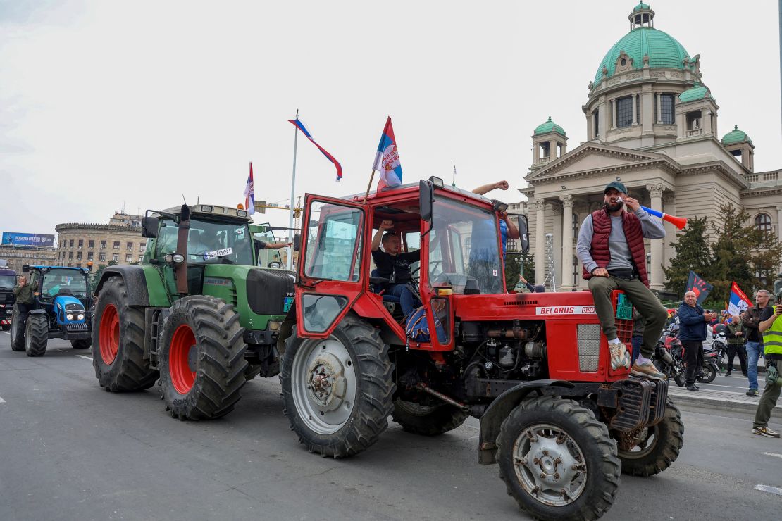 Farmers on tractors take part in a anti-government protest in front of the parliament building, which has become a national movement for change following the deadly November 2024 Novi Sad railway station roof collapse, in Belgrade, Serbia, March 15, 2025.