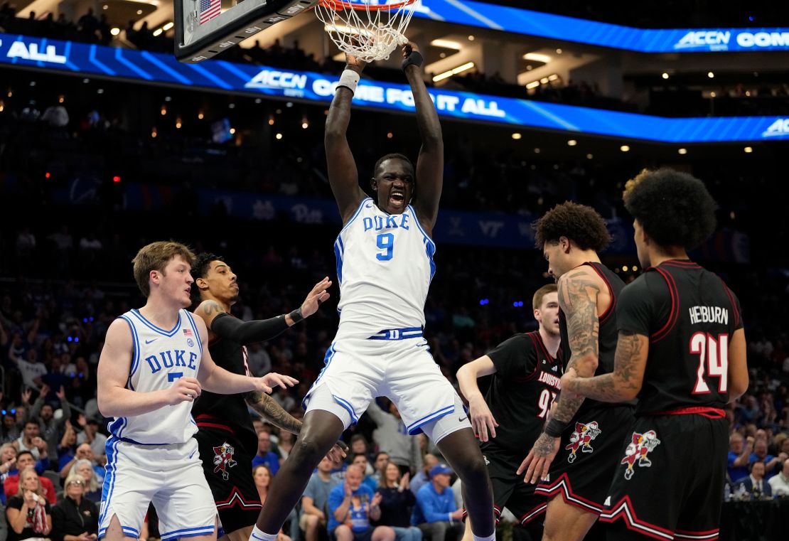 Duke Blue Devils center Khaman Maluach (9) reacts after a dunk in the first half of the 2025 ACC Conference Championship game.