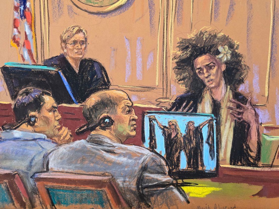 In this courtroom sketch, Rafat Amirov and Polad Omarev watch as Masih Alinejad testifies on Tuesday.