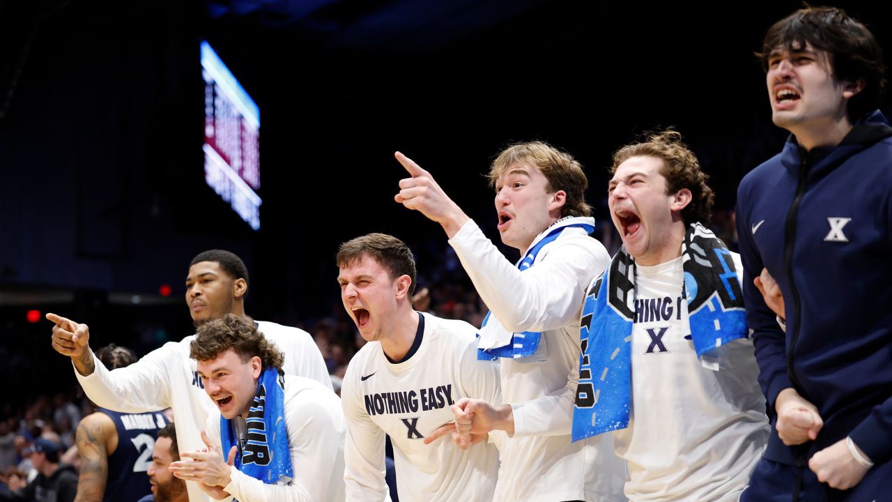 The Xavier Musketeers bench reacts during the second half against the Texas Longhorns at UD Arena in Dayton, Ohio, on March 19, 2025.