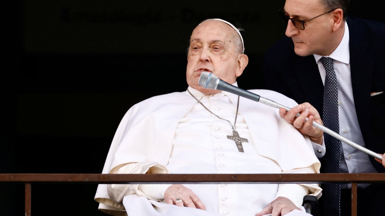Pope Francis speaks during his first public appearance in five weeks, on the day he is set to be discharged from Gemelli Hospital, in Rome, Italy, March 23, 2025.