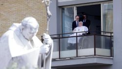 Pope Francis gestures during his first public appearance in five weeks, on the day he is set to be discharged from Gemelli Hospital, in Rome, Italy, March 23, 2025.