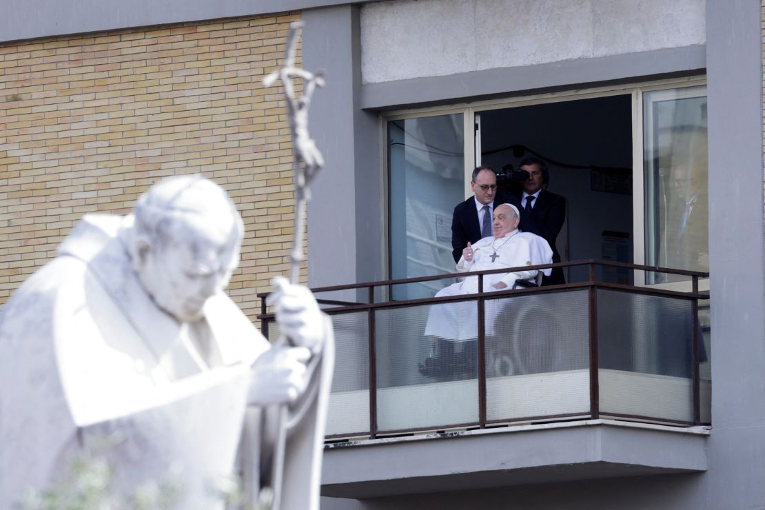 Pope Francis giving a thumbs up to the crowd outside Rome's Gemelli Hospital on Sunday.