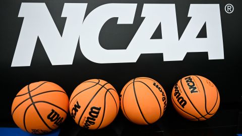 The NCAA logo and basketballs are seen during NCAA Tournament West Regional Practice in San Francisco, California, on March 26, 2025.