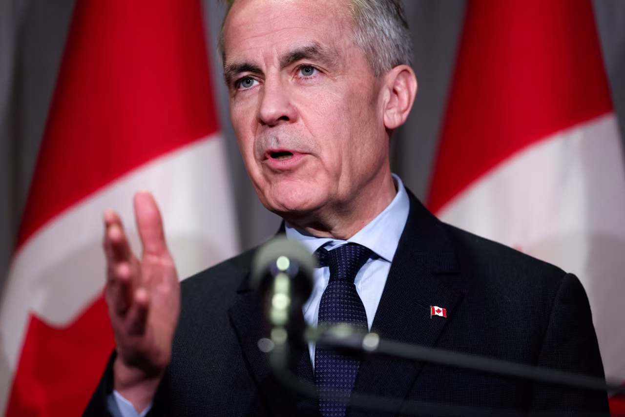 Canada's Prime Minister Mark Carney speaks in response to tariffs announced by US President Donald Trump, in Kitchener, Ontario, Canada on Wednesday.