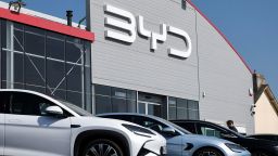 The logo of BYD is pictured at a dealership in Reze near Nantes, France, on March 27, 2025.