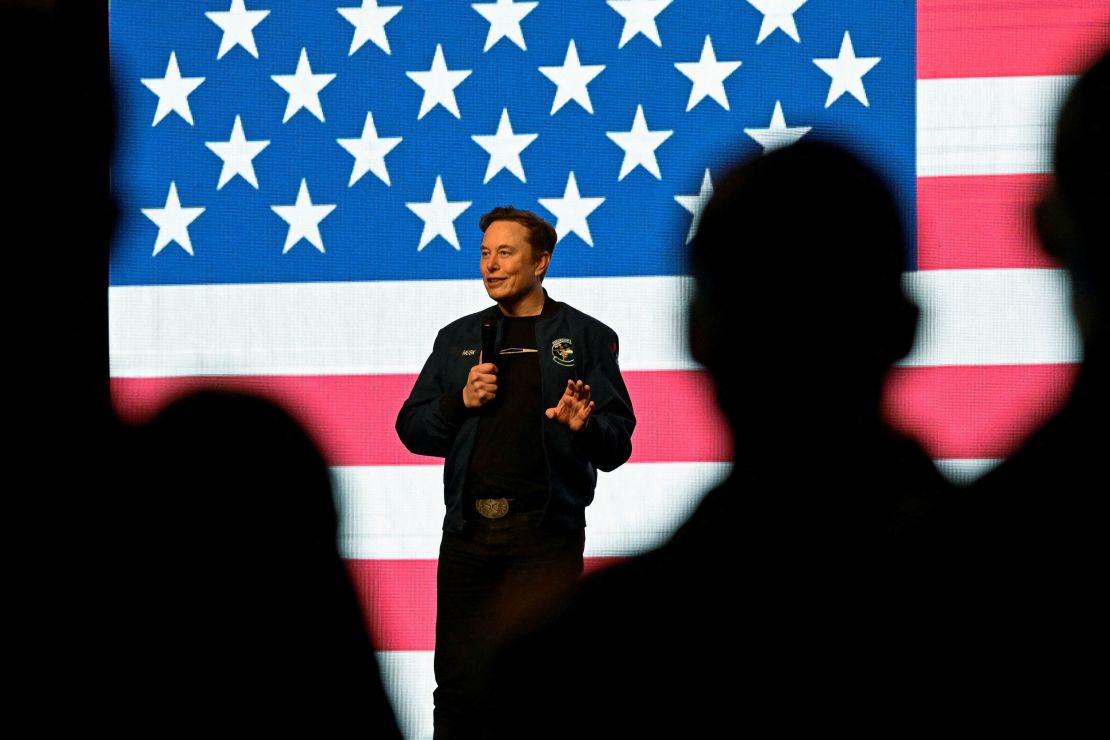 President Donald Trump's adviser Elon Musk holds a rally in support of a conservative state Supreme Court candidate of an April 1 election in Green Bay, Wisconsin, on March 30.