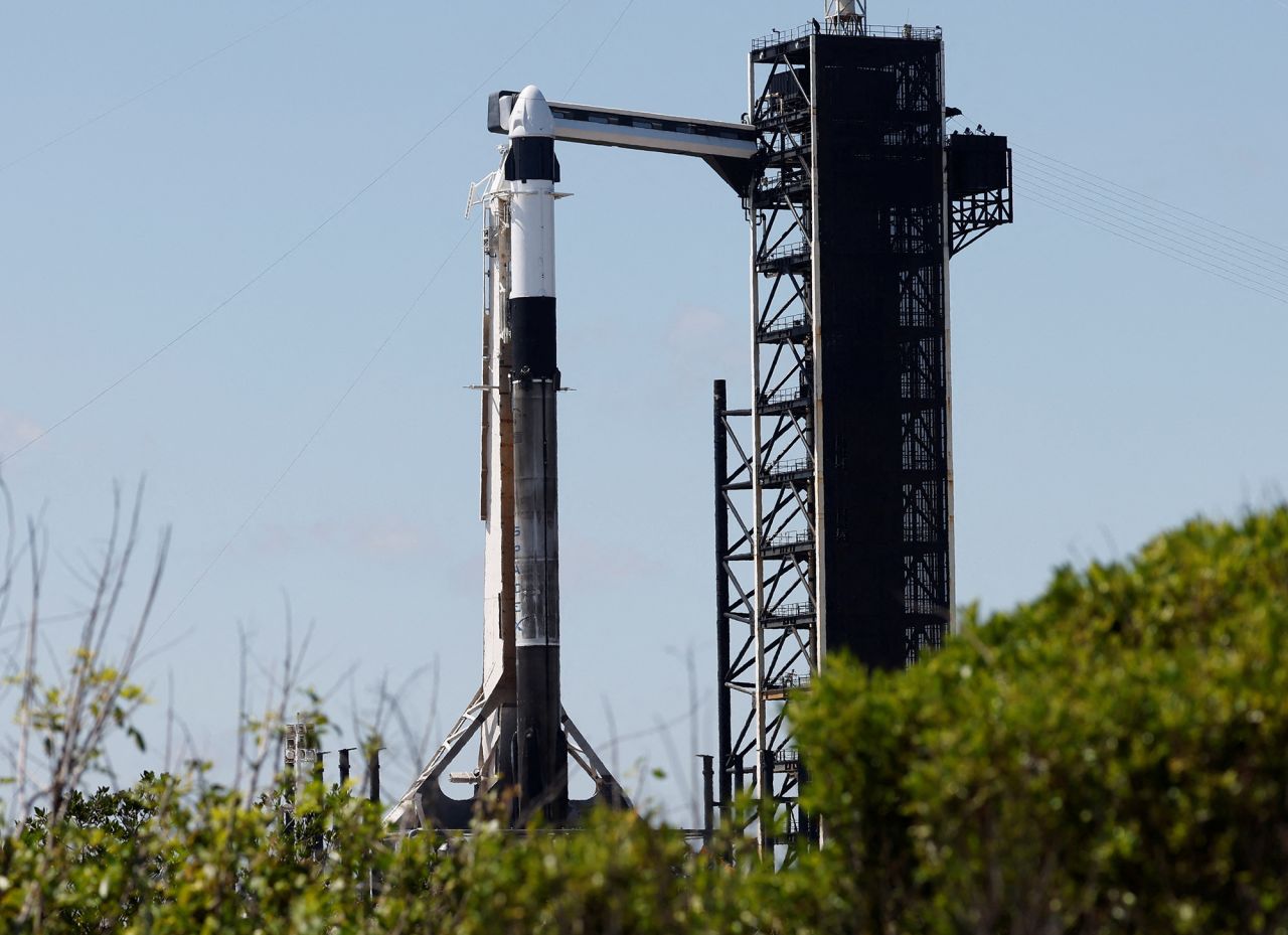SpaceX's Falcon 9 rocket is prepared for the Fram2 mission at the Kennedy Space Center in Cape Canaveral, Florida, on Monday.