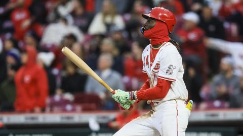 Mar 31, 2025; Cincinnati, Ohio, USA; Cincinnati Reds shortstop Elly De La Cruz (44) hits a three-run home run in the second inning against the Texas Rangers at Great American Ball Park. Mandatory Credit: Katie Stratman-Imagn Images