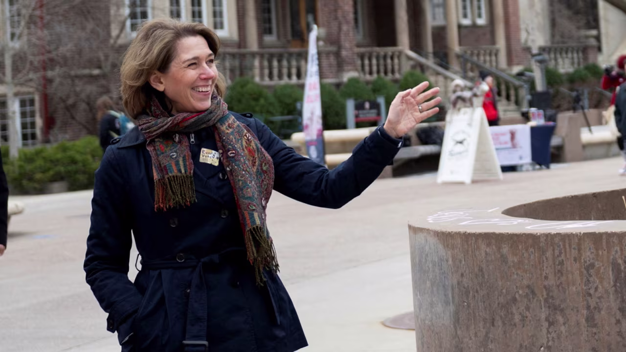 Democrat-backed Wisconsin Supreme Court candidate Judge Susan Crawford greets supporters on the campus of University of Wisconsin Madison on Tuesday.