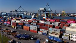 Shipping containers and trucks are seen at Ireland's Dublin Port in April.